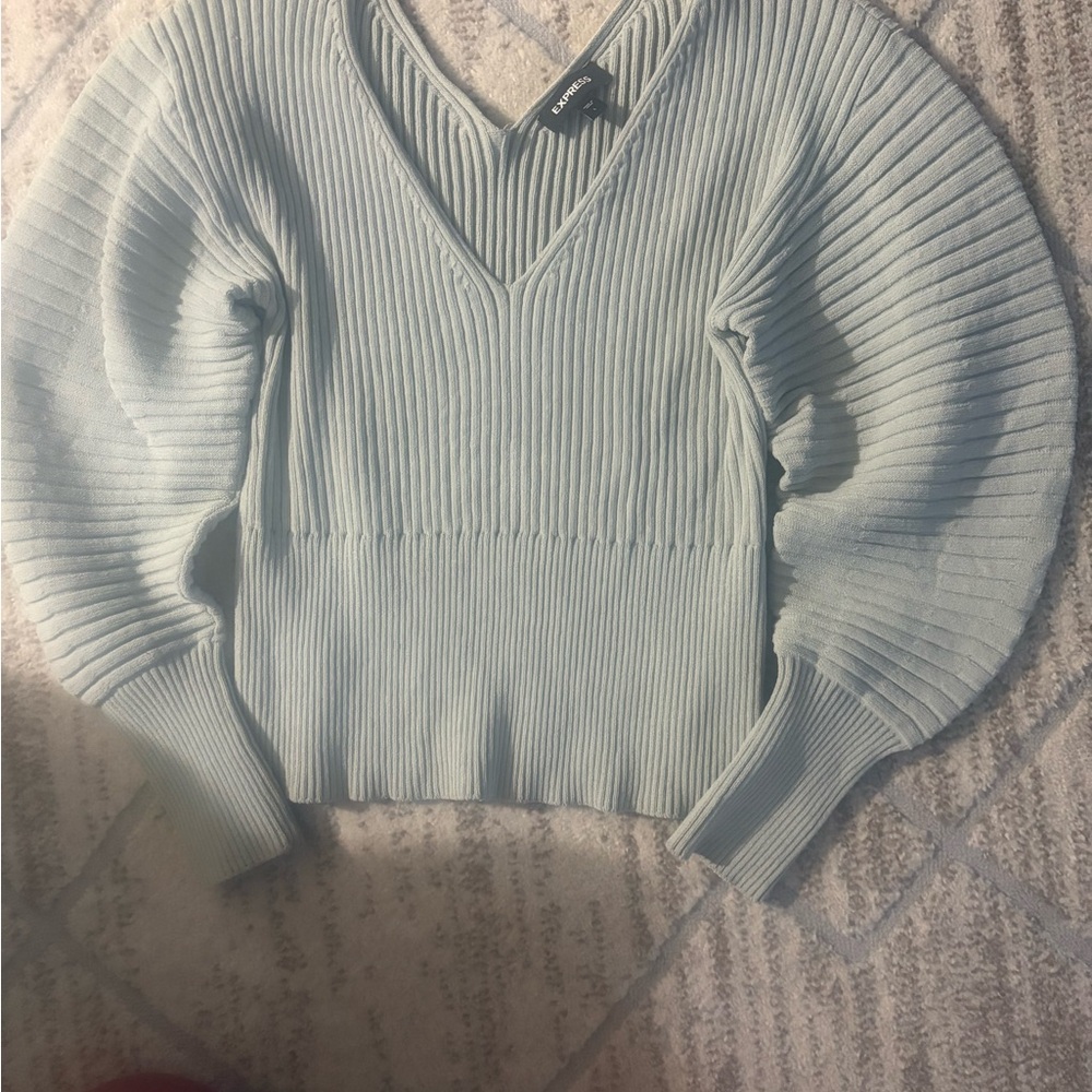 Express Gray V-Neck Sweater with Ribbed Knit